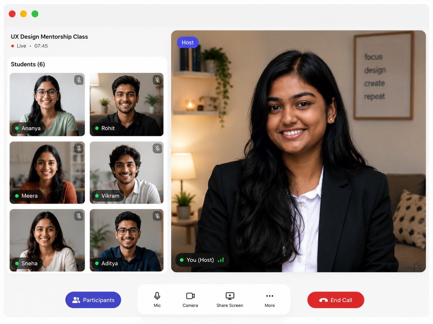 Muthulakshmi Mahesh hosting a live UX design mentorship class with six students on a video call