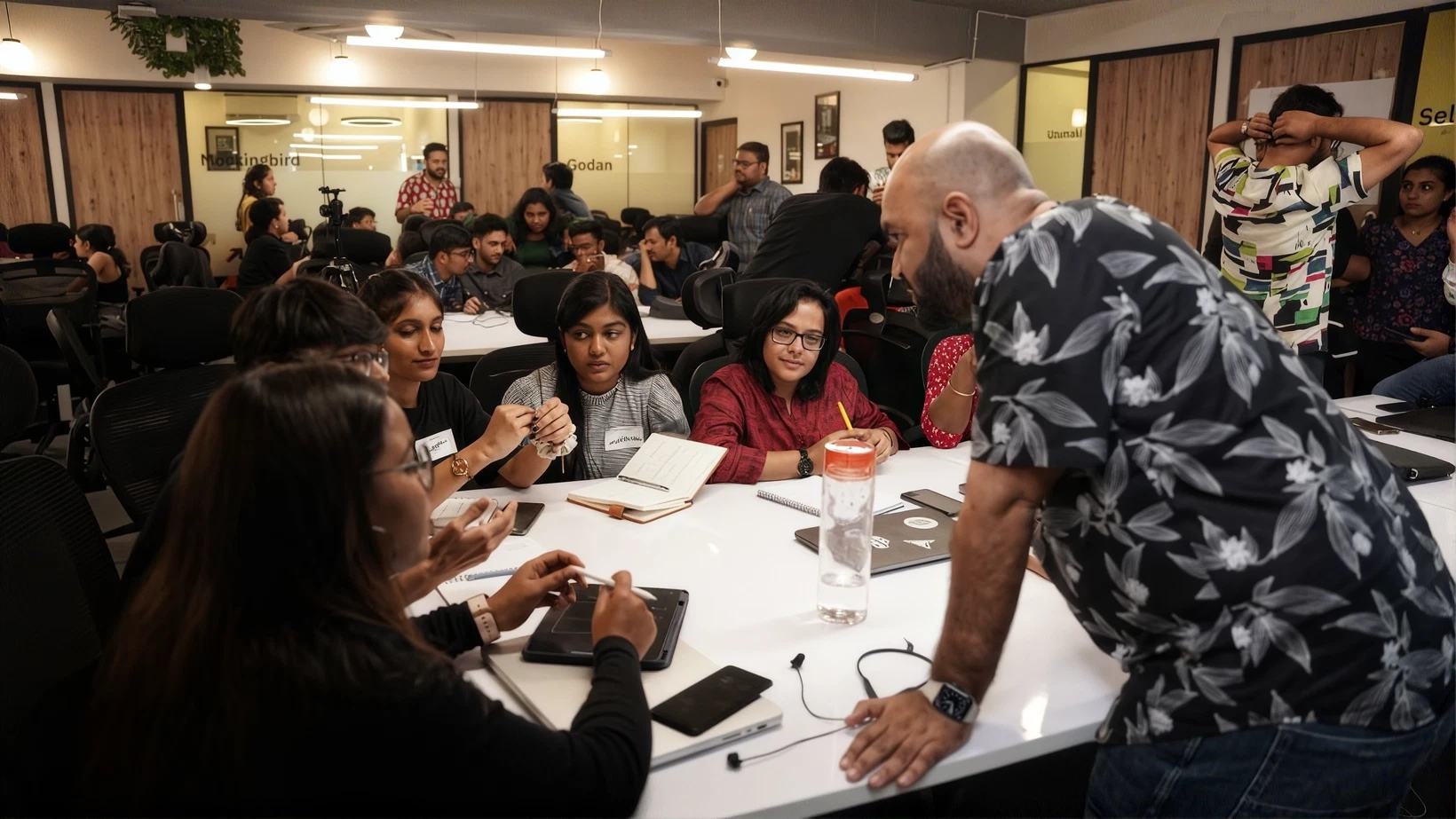 Students working together around a table during a live IELTS class