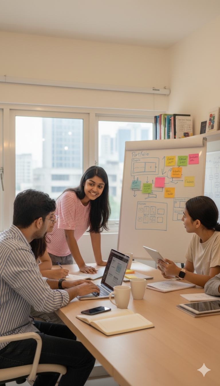Mentor presenting user-flow diagrams to students at a whiteboard