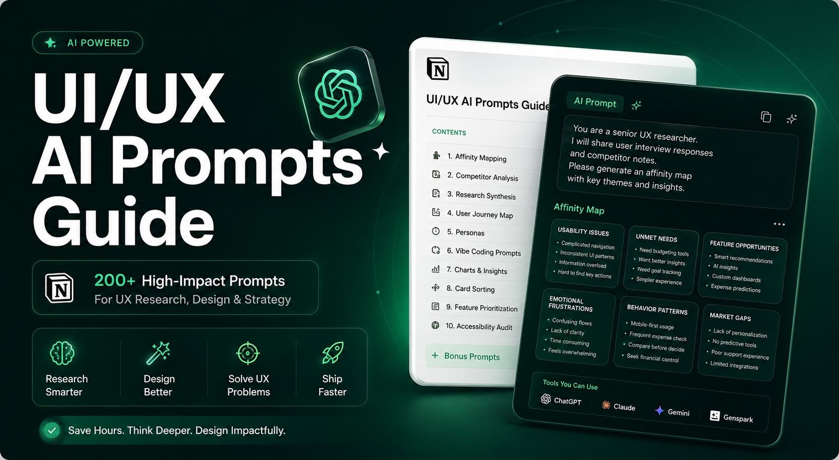 UI/UX AI Prompts Guide product art with prompt library screens