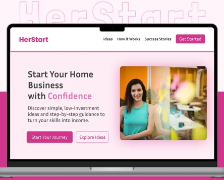 HerStart website landing page with “Start Your Home Business with Confidence” hero