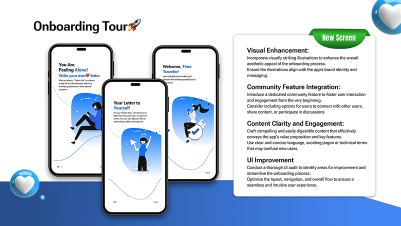 Savvy app onboarding tour screens with UI improvement notes