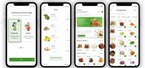 Uzhavanam grocery app screens showing account type, cart, home and categories